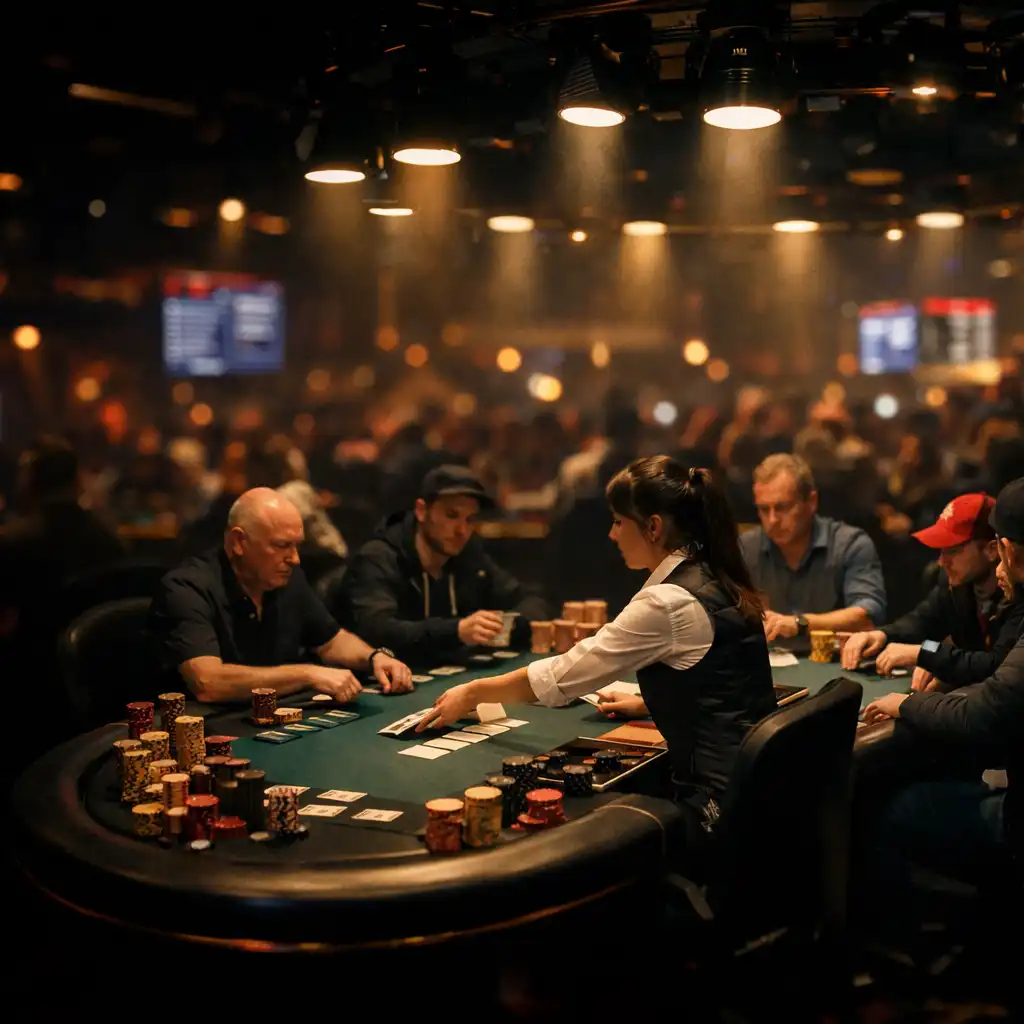 Pokerový finálový stůl během živého přenosu