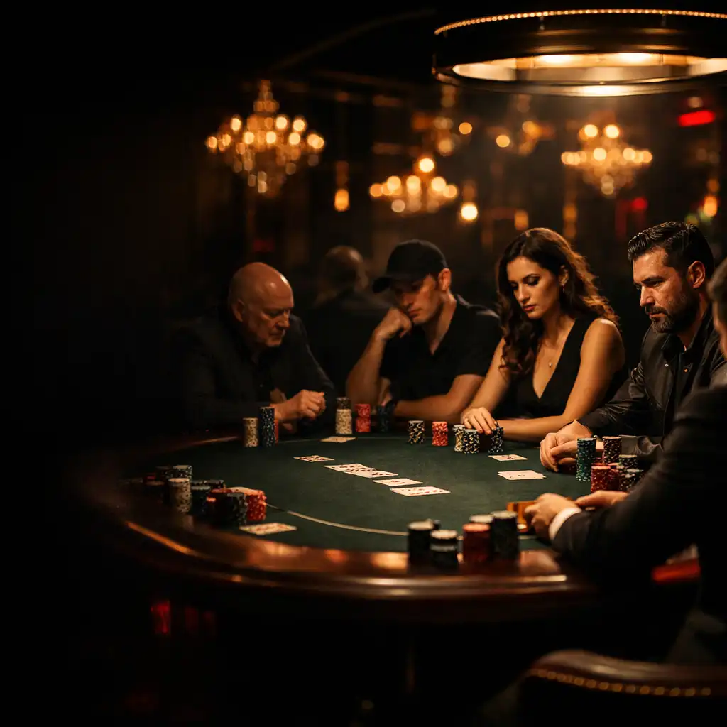 Pokerový turnaj s hráči u stolu